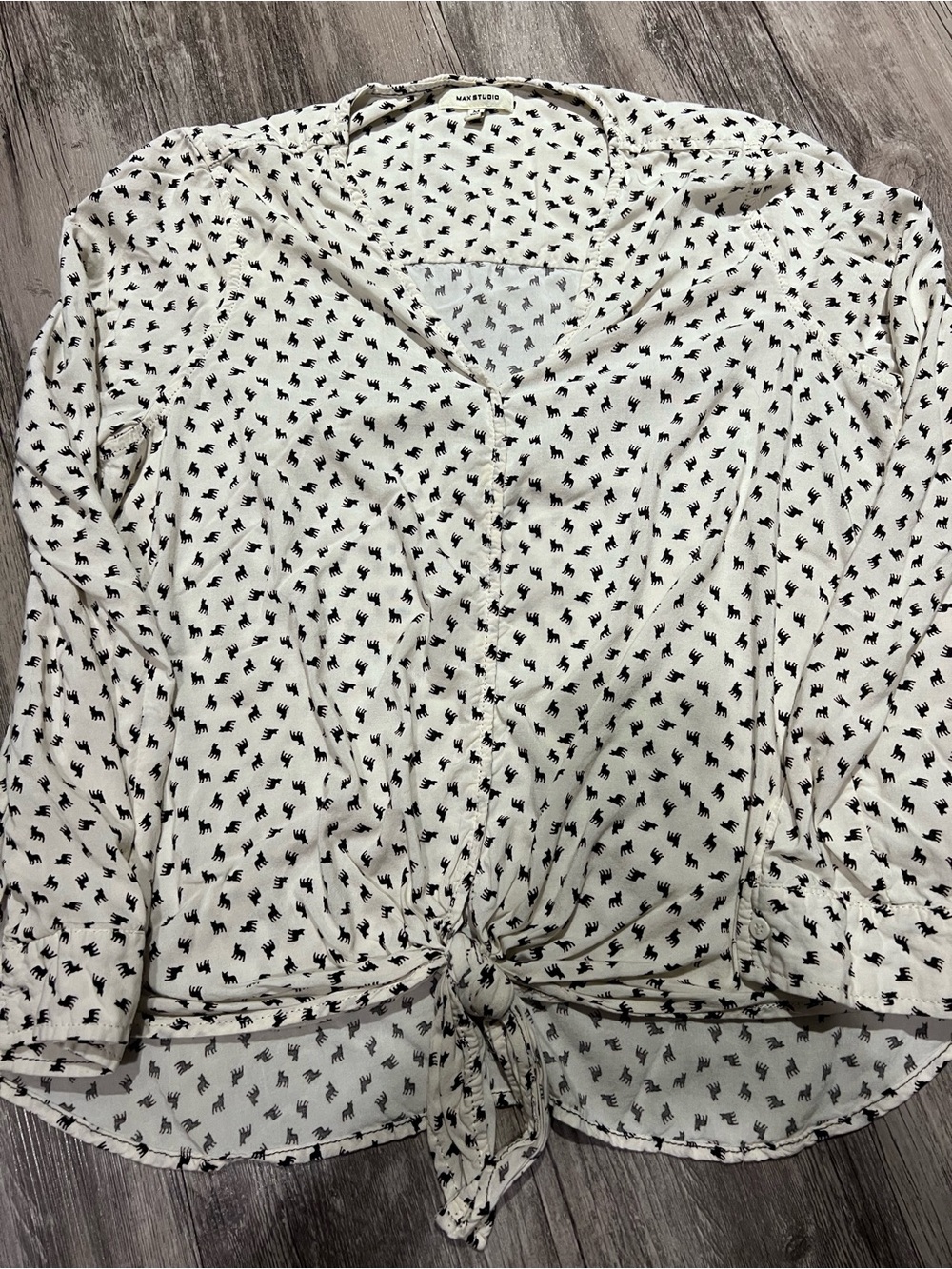 Tie-Front V-Neck Printed Blouse - White/Black Dog design